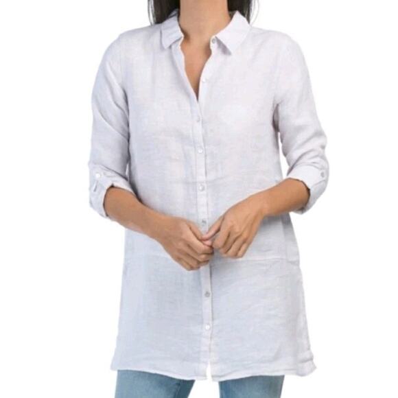 Tahari size 1X White 100% Linen Button Front Tunic Length Shirt Roll Tab Sleeve - Picture 1 of 7